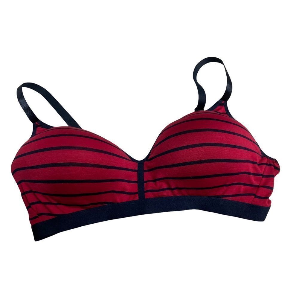 JUST BE, Women’s Red and Blue‎ Striped Bra,42C, NO WIRE, Adjustable Straps